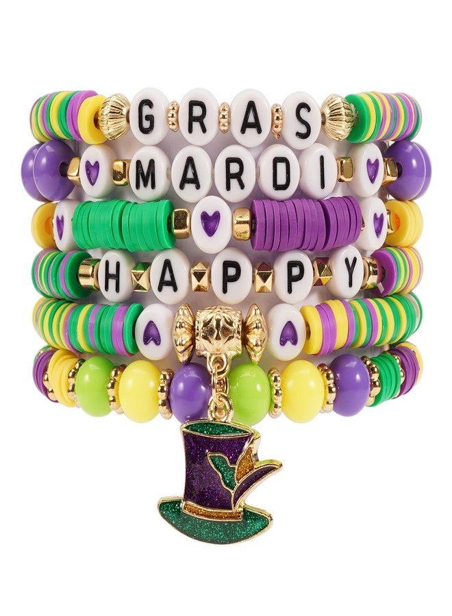 Lonext Mardi Gras Bracelets for Women Glitter Fleur De Lis Mask Jester Hat Charm Bracelets Beaded Stretch Bracelet Set for Carnival Parade Outfits Mardi Gras Accessory - Image 1